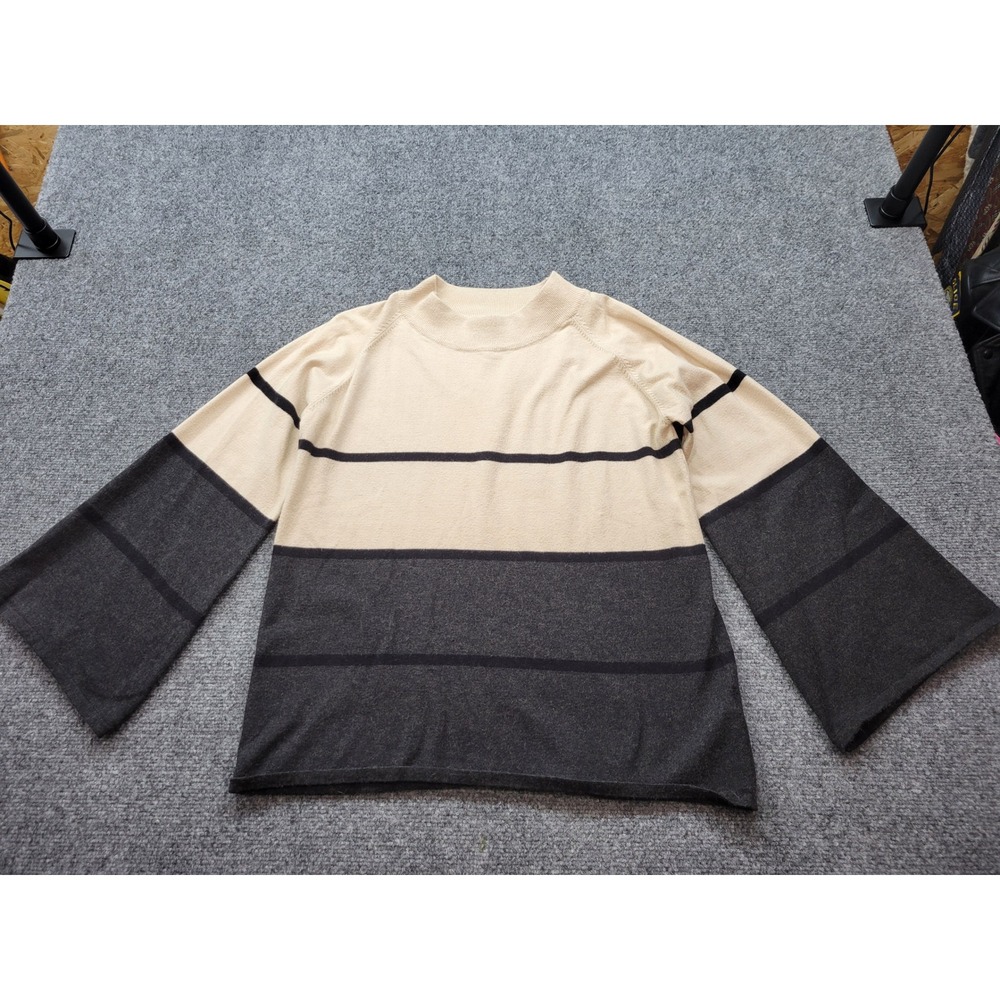 THML Colorblock Striped Mock Neck Bell Sleeve Sweater Cream Grey XS/S TMK600